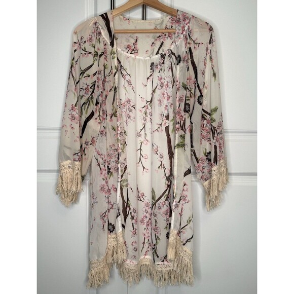 Unbranded Tops - Boho Floral Cherry Blossom Kimono Cardigan Crochet Fringe Duster One Size